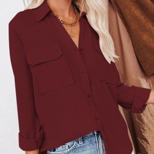 Burgundy Button Down Collared Blouse